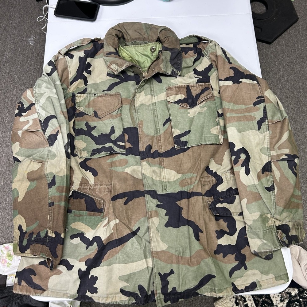 Military M-65 Field Jacket Mens XL Camo Woodland Quilted Liner Vintage
